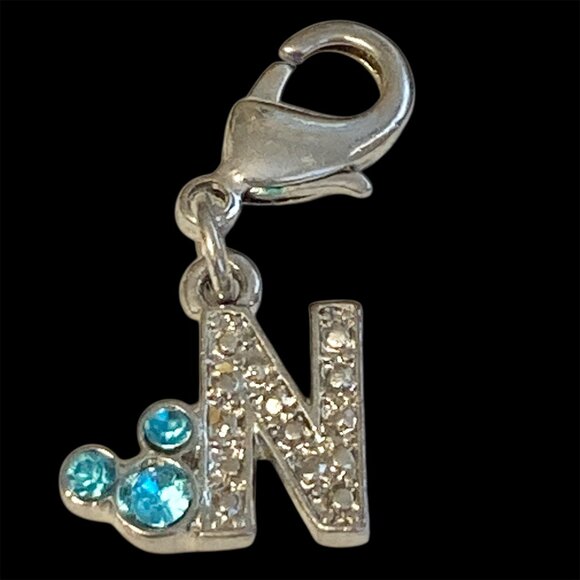 Vintage Disney Blue Crystal Mickey Mouse Ears Charm Clip On Initial Letter N - Picture 1 of 8